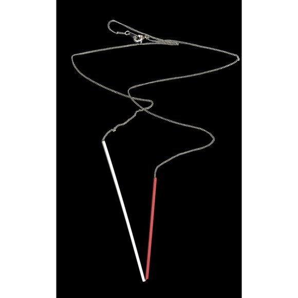 Modern Abstract Red And Silver Tone Asymmetrical Tube On Chain Necklace - Picture 1 of 5